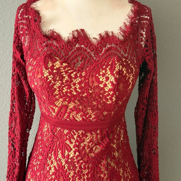 L'atiste By Amy Lace Party Dress Sz S Hi Low Hem Long Sleeve Dark Red Mermaid - Picture 7 of 9